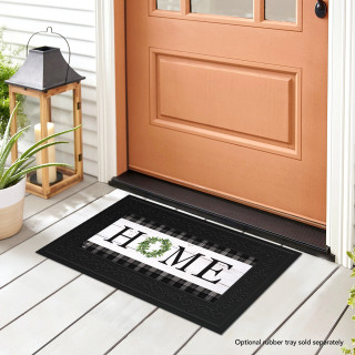Briarwood Lane black Home Mini Mat with green wreath design on front porch entrance.