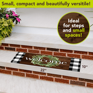 Briarwood Lane Farmhouse Welcome Mini Mat, 22x10 inches, brown with green wreath and black accents.