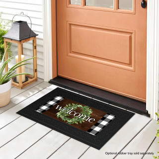 Briarwood Lane Farmhouse Welcome Mini Mat with green wreath and white welcome text on black background.