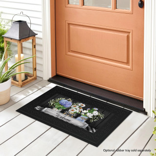 Briarwood Lane Crated Mason Jars Mini Mat on a porch with floral design and welcome message.