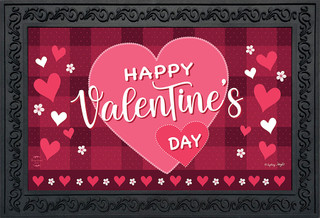 Briarwood Lane Happy Valentine's Day doormat with pink, red, and white hearts on plaid background.