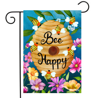 Briarwood Lane Happy Beehive Double-Sided Garden Flag with colorful flowers and bees on a blue background.