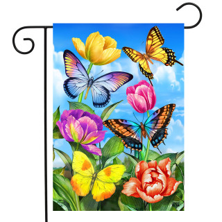 Briarwood Lane Butterflies and Tulips Garden Flag with colorful butterflies and flowers on blue background.