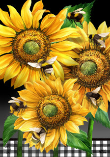 Briarwood Lane Buzzing Sunflowers Garden Flag with yellow sunflowers and bees on black background.