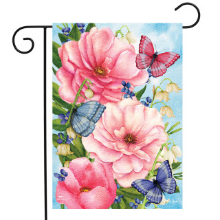Briarwood Lane Pink Peonies garden flag with colorful butterflies and flowers on blue background.