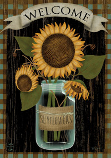 Briarwood Lane Sunflower Jar Garden Flag with welcome banner and yellow sunflowers in glass jar.