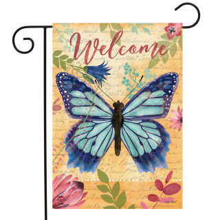 Briarwood Lane Beautiful Butterfly Garden Flag with blue butterfly and floral design on yellow background.