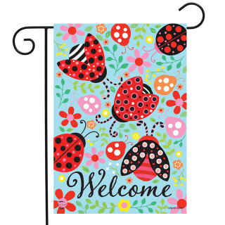 Briarwood Lane Patterned Ladybugs Garden Flag with colorful flowers and ladybugs on a light blue background.