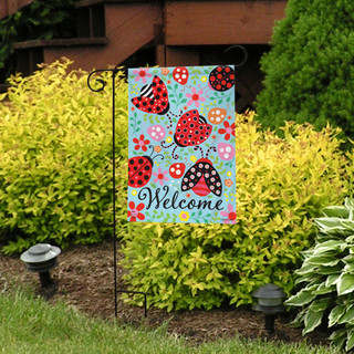 Briarwood Lane Patterned Ladybugs Garden Flag with colorful flowers and ladybugs on a light blue background.