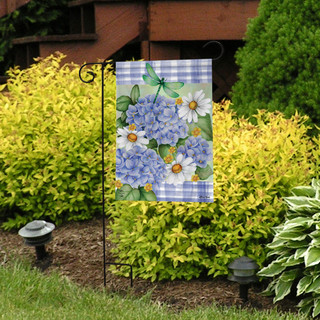 Briarwood Lane Dragonfly and Hydrangea garden flag with blue flowers and white daisies on blue plaid.