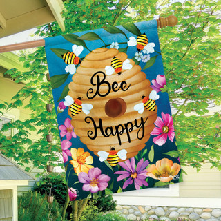 Briarwood Lane Happy Beehive Double-Sided House Flag with colorful flowers and bees on blue background.