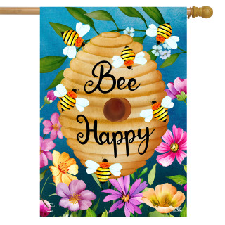Briarwood Lane Happy Beehive Double-Sided House Flag with colorful flowers and bees on blue background.