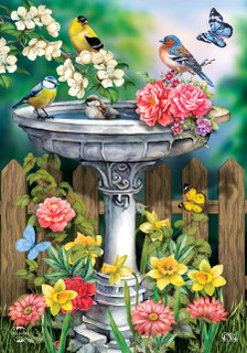 Briarwood Lane Birdbath in Bloom House Flag with colorful birds, flowers, and butterflies design.
