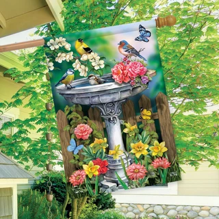 Briarwood Lane Birdbath in Bloom house flag with colorful flowers, birds, and butterflies design.