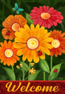 Briarwood Lane Colorful Daisies house flag with vibrant orange, yellow, and red flowers, ladybugs, butterfly.