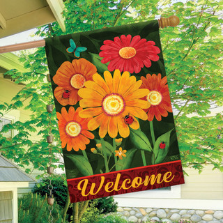 Briarwood Lane Colorful Daisies house flag with vibrant orange, yellow, and red flowers and welcome text.