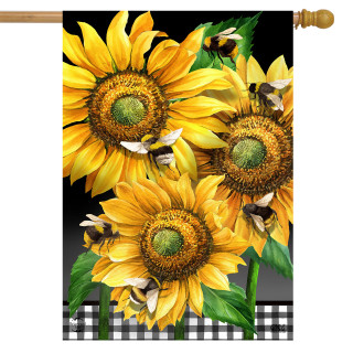 Briarwood Lane Buzzing Sunflowers House Flag with yellow flowers and bees on black background.