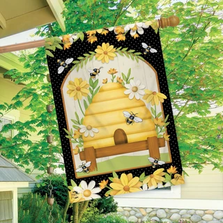 Briarwood Lane Home Sweet Hive House Flag with yellow beehive, white and yellow flowers, and bees.