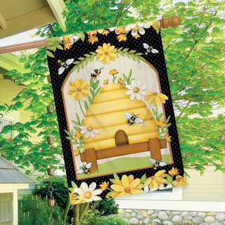 Briarwood Lane Home Sweet Hive House Flag with yellow beehive, flowers and bees design.