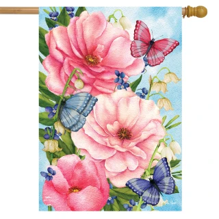 Briarwood Lane pink peonies house flag with butterflies and flowers on a blue background.