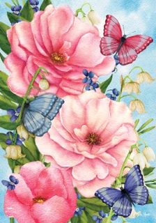 Briarwood Lane Pink Peonies House Flag with colorful butterflies and flowers design.
