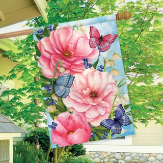 Briarwood Lane Pink Peonies house flag with colorful butterflies and flowers design on blue background.