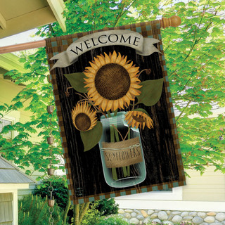 Briarwood Lane Sunflower Jar House Flag with welcome banner and yellow sunflowers on brown background.