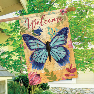 Briarwood Lane Beautiful Butterfly House Flag with blue butterfly and welcome text on tan background.