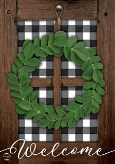 Briarwood Lane Boxwood Wreath House Flag with welcome sign on black and white checkered background.