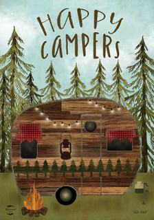 Briarwood Lane Happy Campsite House Flag with colorful camper illustration and green trees design.