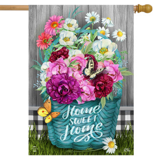 Briarwood Lane Floral Basket House Flag with colorful flowers and butterflies on a blue basket.
