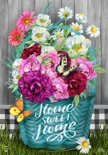 Briarwood Lane Floral Basket House Flag with colorful flowers and butterflies on a blue basket.