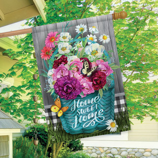 Briarwood Lane floral basket house flag with colorful flowers and butterflies on a garden background.