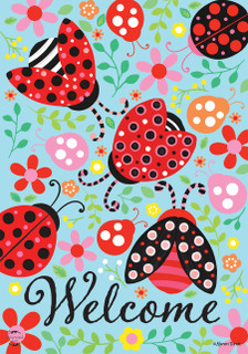 Briarwood Lane Patterned Ladybugs House Flag with colorful flowers and ladybugs on light blue background.