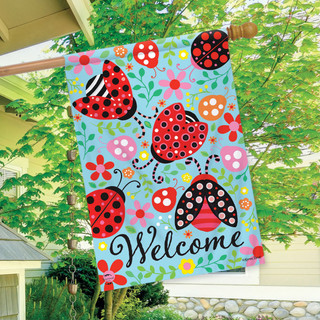 Briarwood Lane ladybug house flag with colorful flowers and welcome text on blue background.