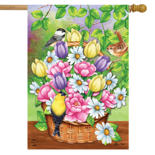 Briarwood Lane Birds and Basket House Flag with colorful flowers and birds on a wicker basket.