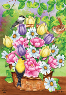 Briarwood Lane Birds and Basket House Flag with colorful flowers and birds on a basket.
