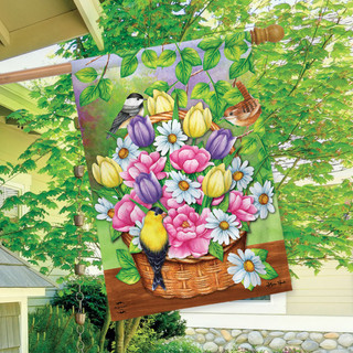 Briarwood Lane Birds and Basket House Flag with colorful flowers and birds on a garden flag.