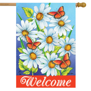 Briarwood Lane Sunshine Daisies House Flag with white flowers, orange butterflies, and welcome text.