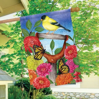 Briarwood Lane Goldfinch on Shovel house flag with colorful flowers and butterflies design.