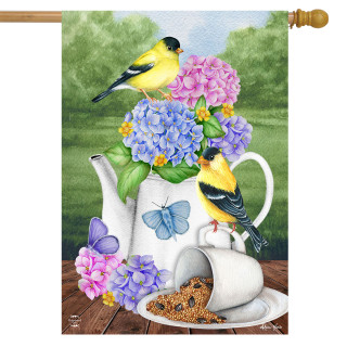 Briarwood Lane Tea Party House Flag with yellow birds, butterflies, and colorful flowers on teapot.