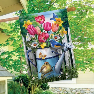 Briarwood Lane Floral Watering Can House Flag with colorful flowers, birds, and butterflies design.