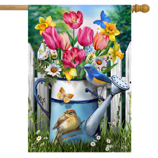 Briarwood Lane floral watering can house flag with colorful flowers, birds, and butterflies design.