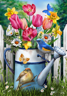 Briarwood Lane Floral Watering Can House Flag with colorful flowers, birds, butterflies, and watering can.