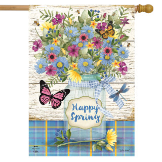 Briarwood Lane Happy Spring Floral Jar House Flag with colorful butterflies and flowers design.