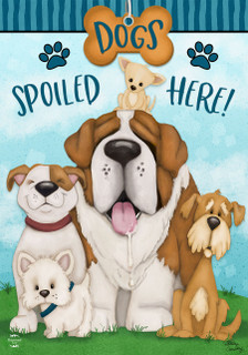 Briarwood Lane Dogs Spoiled Here house flag with colorful illustration of five happy dogs together.