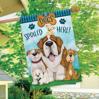 Briarwood Lane Dogs Spoiled Here house flag with colorful cartoon dogs on blue background.