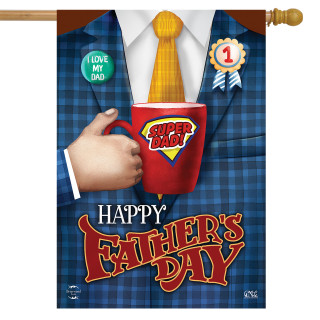 Briarwood Lane Super Dad Father's Day house flag with blue plaid design and colorful graphics.