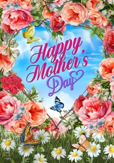 Briarwood Lane Mother's Day Floral Heart House Flag with colorful flowers, butterflies, and happy Mother's Day text.