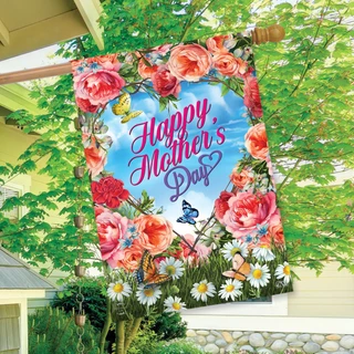 Briarwood Lane Mother's Day Floral Heart House Flag with colorful flowers and butterflies on display.